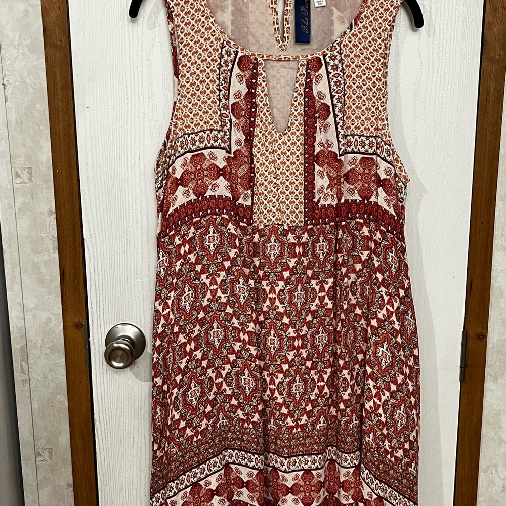 Blue Rain Halter Tie Front Midi Dress in Brown and Red